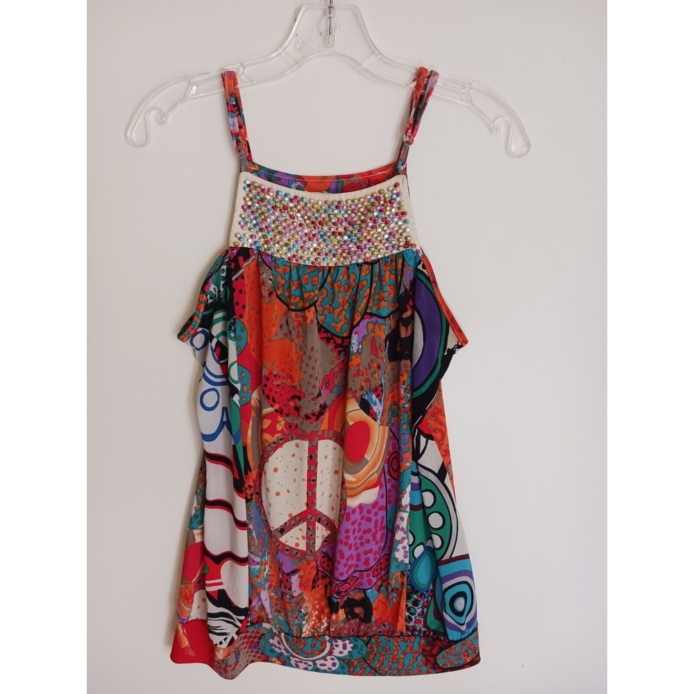 Liuce's Sleeveless Blouse Geometric Print Orange Teal Spaghetti Strap Women Sz M